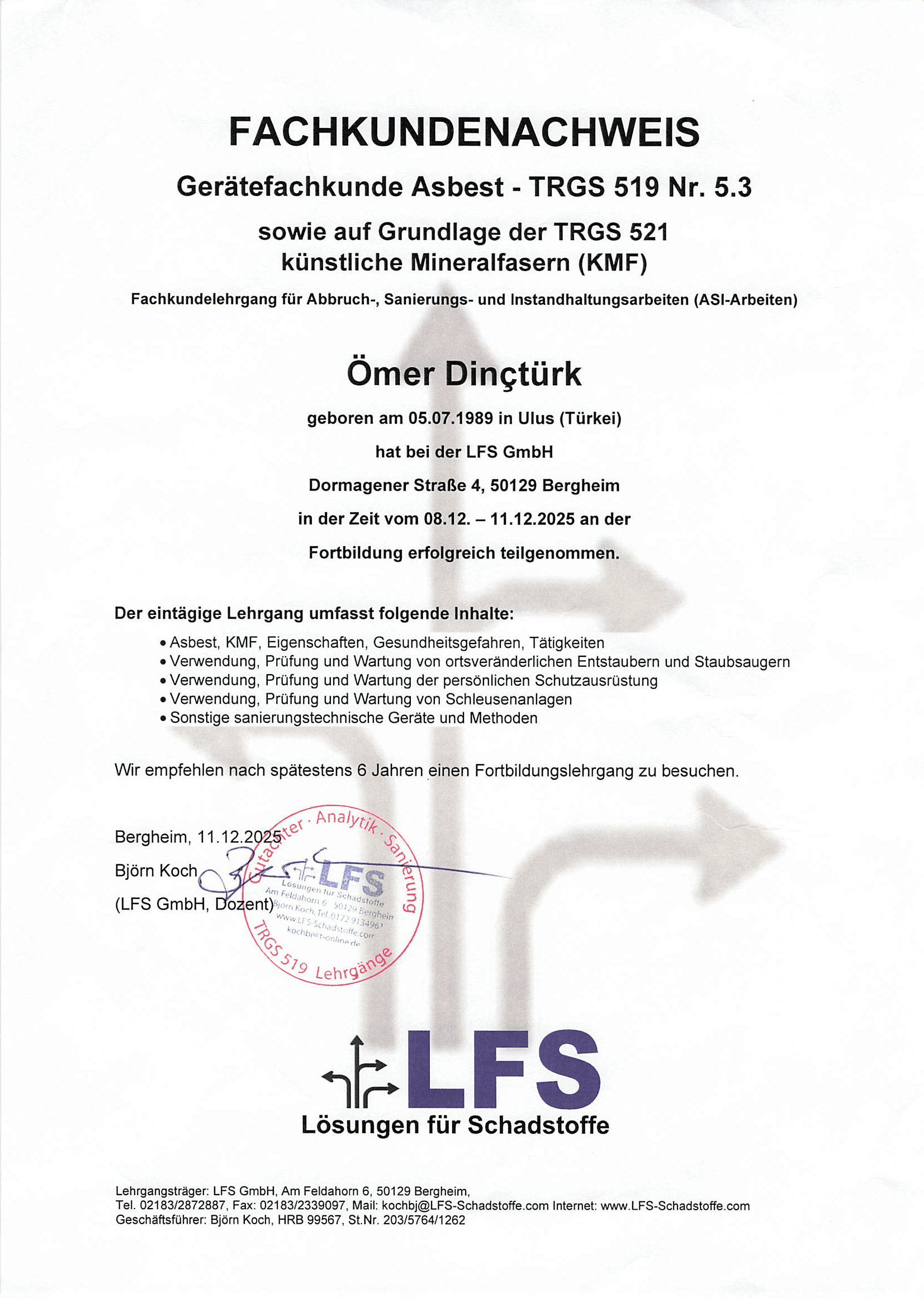 Asbestservice Dincturk Zertifikat