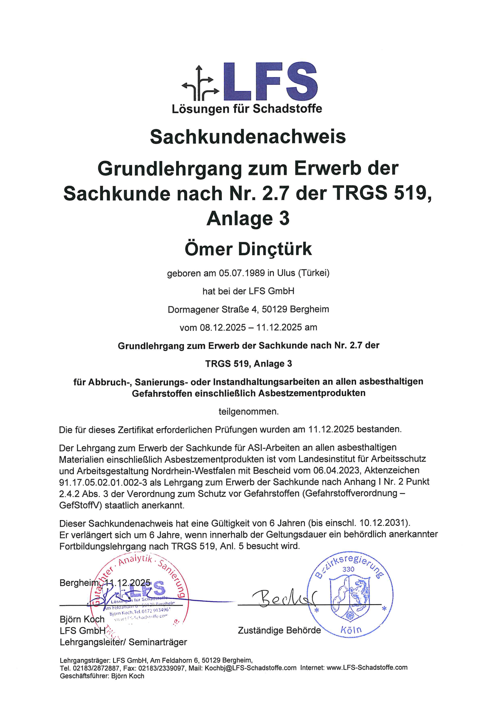 Zertifikat Abbruch und Sanierungsarbeiten Dincturk